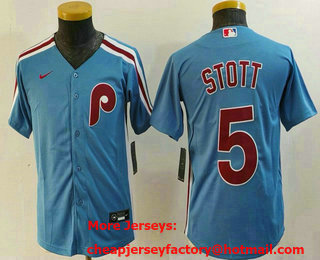 Youth Philadelphia Phillies #5 Bryson Stott Light Blue Cooperstown Cool Base Jersey