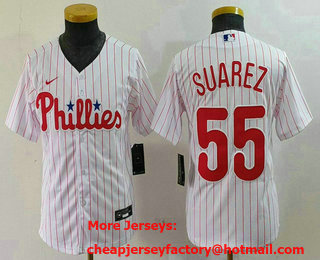 Youth Philadelphia Phillies #55 Alec Bohm White Pinstripe Stitched Cool Base Jersey