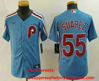Youth Philadelphia Phillies #55 Ranger Suarez Light Blue Cooperstown Cool Base Jersey