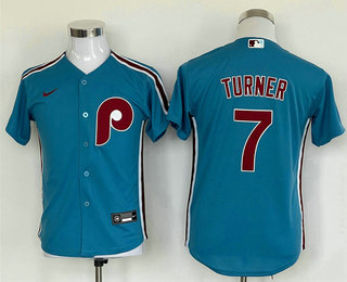 Youth Philadelphia Phillies #7 Trea Turner Blue Stitched MLB Cool Base Nike Jersey