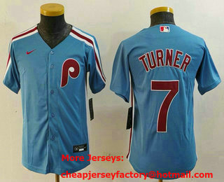 Youth Philadelphia Phillies #7 Trea Turner Light Blue Cooperstown Cool Base Jersey