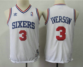 Youth Philadelphia Sixers #3 Allen Iverson White With Red Number Hardwood Classics Soul Swingman Throwback Jersey