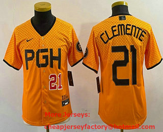 Youth Pittsburgh Pirates #21 Roberto Clemente Number Yellow 2023 City Connect Stitched Jersey 01