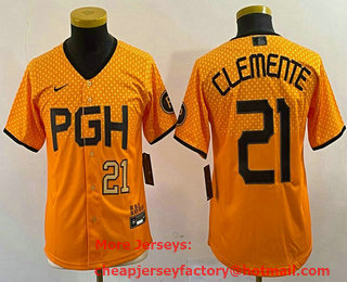 Youth Pittsburgh Pirates #21 Roberto Clemente Number Yellow 2023 City Connect Stitched Jersey 02