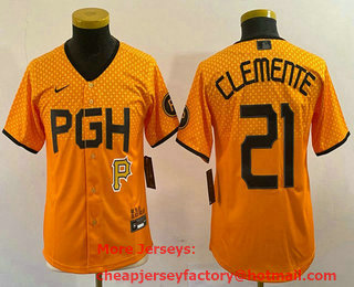Youth Pittsburgh Pirates #21 Roberto Clemente Number Yellow 2023 City Connect Stitched Jersey 03
