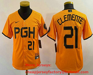 Youth Pittsburgh Pirates #21 Roberto Clemente Number Yellow 2023 City Connect Stitched Jersey 04