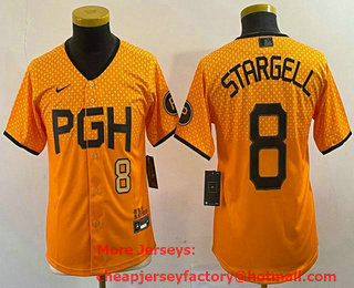Youth Pittsburgh Pirates #8 Willie Stargell Number Yellow 2023 City Connect Stitched Jersey 01