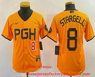 Youth Pittsburgh Pirates #8 Willie Stargell Number Yellow 2023 City Connect Stitched Jersey 02