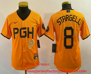 Youth Pittsburgh Pirates #8 Willie Stargell Number Yellow 2023 City Connect Stitched Jersey 03