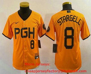 Youth Pittsburgh Pirates #8 Willie Stargell Number Yellow 2023 City Connect Stitched Jersey 04