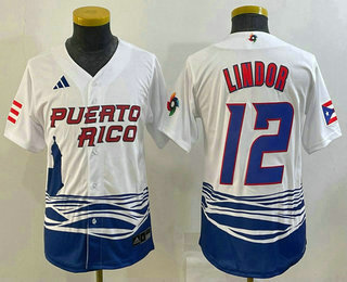 Youth Puerto Rico Baseball #12 Francisco Lindor 2023 White World Baseball Classic Stitched Jersey 02