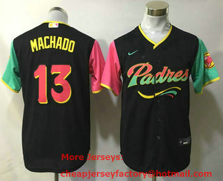 Youth San Diego Padres #13 Manny Machado Black NEW 2023 City Connect Cool Base Stitched Jersey 01