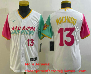 Youth San Diego Padres #13 Manny Machado White Number 2022 City Connect Cool Base Stitched Jersey