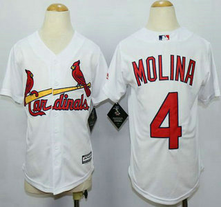 Youth St. Louis Cardinals #4 Yadier Molina Home White 2015 MLB Cool Base Jersey