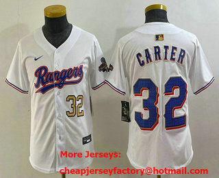 Youth Texas Rangers #32 Evan Carter Number White 2024 Gold Collection Limited Cool Base Jersey 12