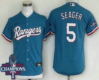 Youth Texas Rangers #5 Corey Seager Light Blue 2023 World Series Champions Cool Base Jersey