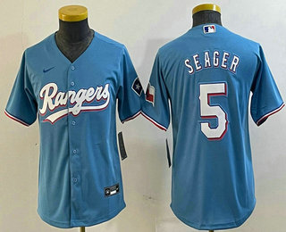 Youth Texas Rangers #5 Corey Seager Light Blue Team Logo Cool Base Jersey