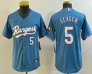 Youth Texas Rangers #5 Corey Seager Number Light Blue Team Logo Cool Base Jersey