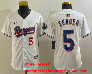 Youth Texas Rangers #5 Corey Seager Number White 2024 Gold Collection Limited Cool Base Jersey 11