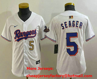 Youth Texas Rangers #5 Corey Seager Number White 2024 Gold Collection Limited Cool Base Jersey 12