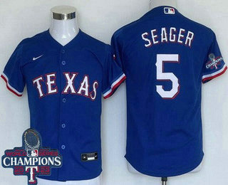 Youth Texas Rangers #5 Corey Seager Royal 2023 World Series Champions Cool Base Jersey