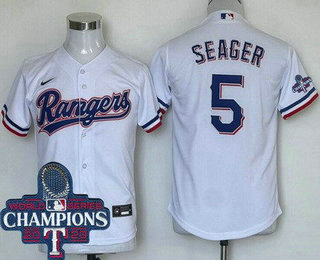 Youth Texas Rangers #5 Corey Seager White 2023 World Series Champions Cool Base Jersey
