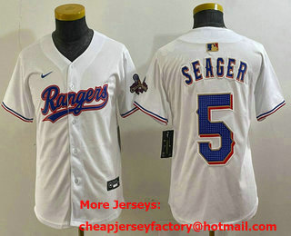 Youth Texas Rangers #5 Corey Seager White 2024 Gold Collection Limited Cool Base Jersey 11