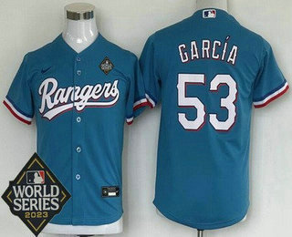 Youth Texas Rangers #53 Adolis Garcia Light Blue 2023 World Series Cool Base Jersey