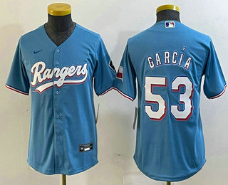 Youth Texas Rangers #53 Adolis Garcia Light Blue Team Logo Cool Base Jersey