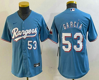 Youth Texas Rangers #53 Adolis Garcia Number Light Blue Team Logo Cool Base Jersey