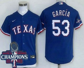 Youth Texas Rangers #53 Adolis Garcia Royal 2023 World Series Champions Cool Base Jersey