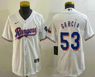Youth Texas Rangers #53 Adolis Garcia White Cool Base Jersey