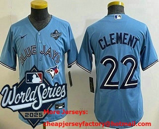 Youth Toronto Blue Jays #22 Ernie Clement Light Blue 2025 World Series Cool Base Jersey