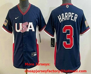 Youth USA #3 Bryce Harper Navy 2026 World Baseball Classic Cool Base Jersey