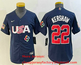 Youth USA Baseball #22 Clayton Kershaw  2023 Navy World Classic Stitched Jersey 01