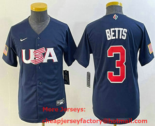 Youth USA Baseball #3 Mookie Betts 2023 Navy World Classic Stitched Jersey 01