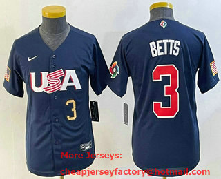 Youth USA Baseball #3 Mookie Betts Number 2023 Navy World Classic Stitched Jersey 01