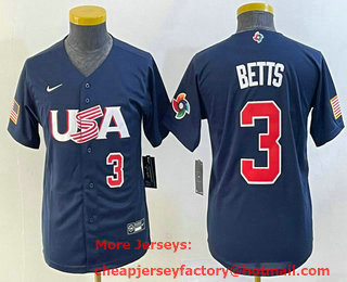 Youth USA Baseball #3 Mookie Betts Number 2023 Navy World Classic Stitched Jersey 02