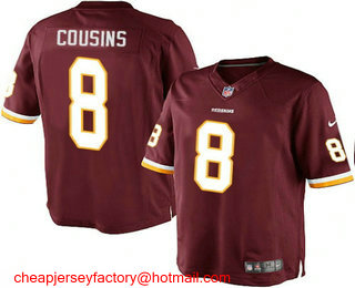 Youth Washington Redskins #8 Kirk Cousins Burgundy Red Team Color Stitched NFL Nike Game Jersey
